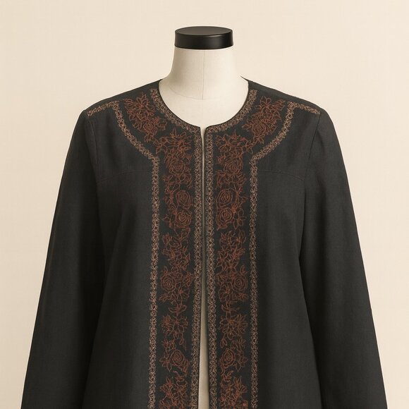 Jessica London Black Embroidered Long Jacket – Floral Rust Trim – Women’s - Picture 1 of 5